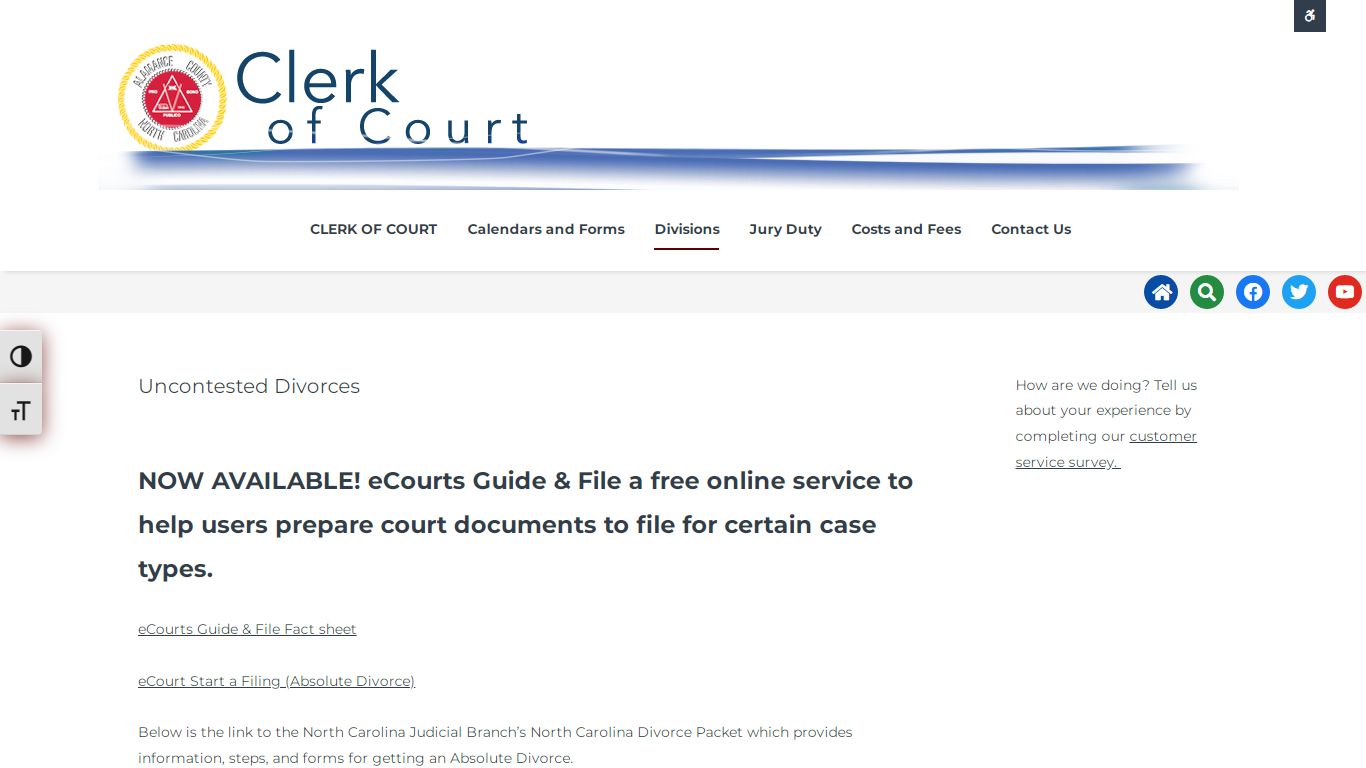 Uncontested Divorces – Clerk of Court - Alamance County, North Carolina